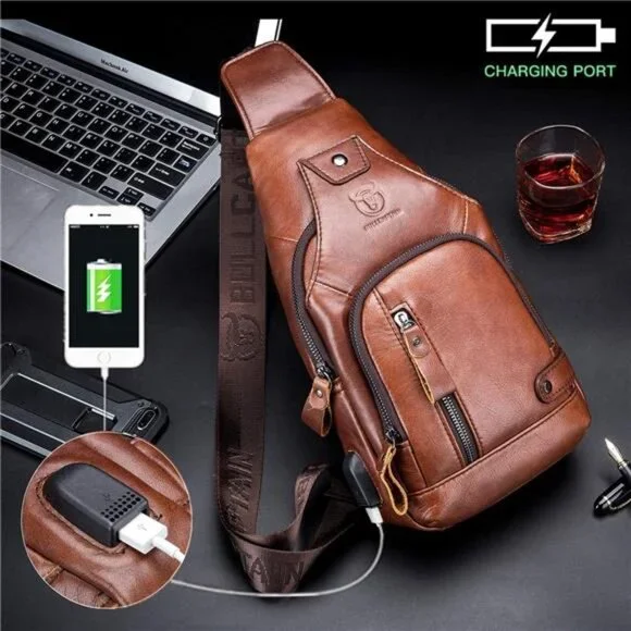 Genuine Leather Sling Bag with USB Charging Port Multi-pocket Chest Bag